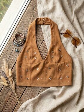 Embellished Halter Crop Top in Camel Brown